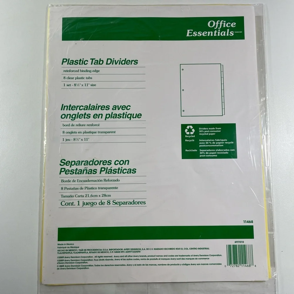 NWT 2 pack plastic tab dividers - 8 1/2” x 11” - 8 tabs per pack (total 16 tabs)